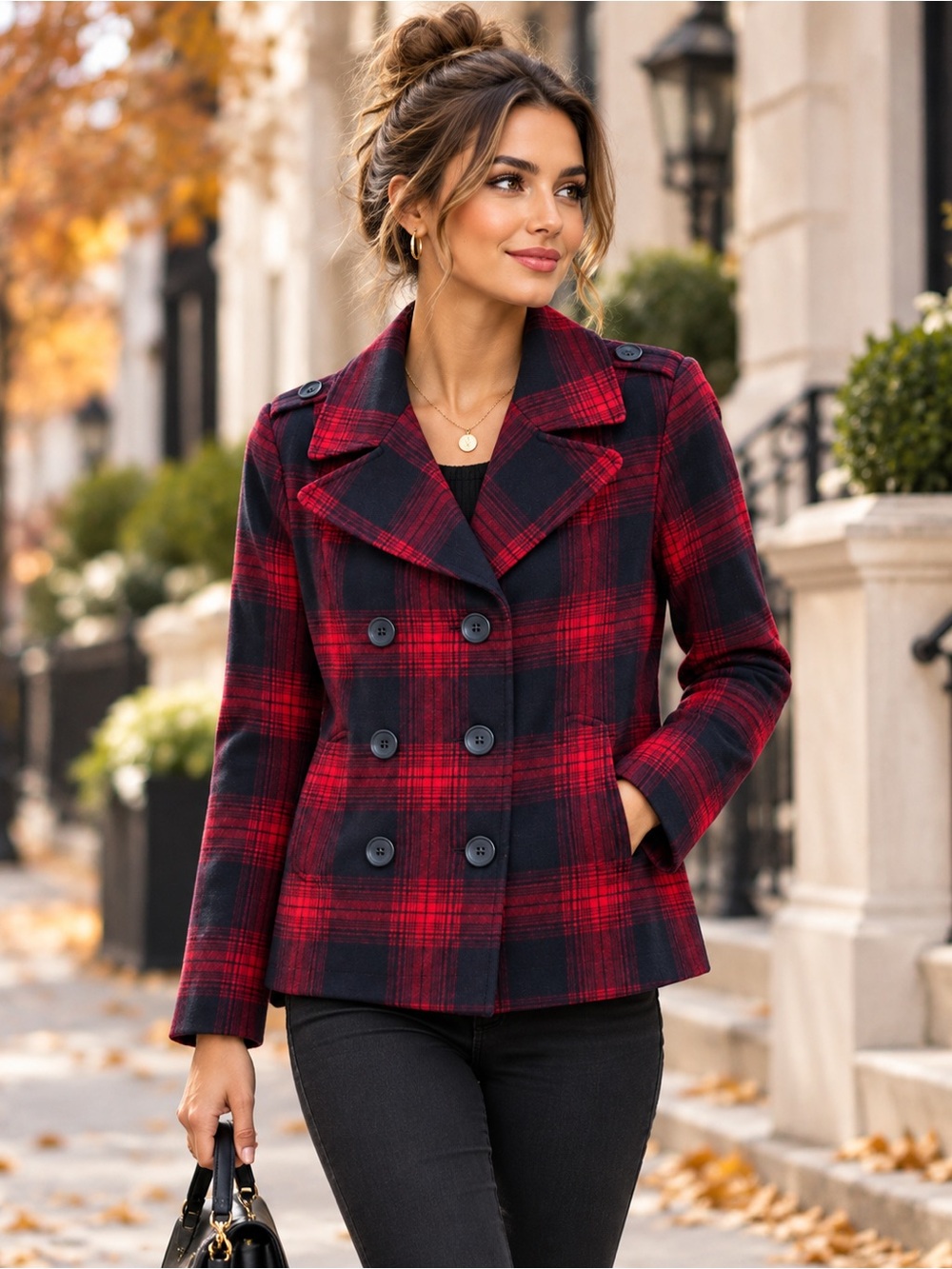 Old Navy Red Navy Plaid Wool Blend Double Breasted Peacoat L